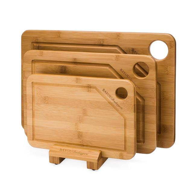 Thick Bamboo Cutting Board Set (Large/Medium/Small) w/ Stand - 100% Natural & Eco Friendly - Meat/Veggie/Fruit/Bread Chopping Block w/ Drip Groove- Premium Carving/Cocktail Board by Bayou Boulangerie