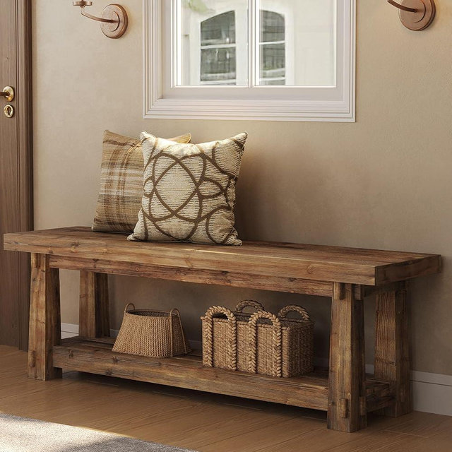 TRIBEWOOD 55" Solid Wood Entryway Bench with Shoe Storage, Rustic Wood Grain Shoe Rack Window Bench Seat for Foyer, Hallway, Mudroom, Bedroom, Easy Assembly (Rustic Light Wood)