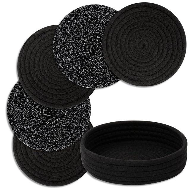 Trivets for Hot Dishes, Trivets for Hot Pots and Pans, Cotton Coasters 5 Pcs and Storage Basket 1 Pack, Pot Holders for Kitchen, Hot Pads for Table, Hot Mats Protect Countertops (Black 5 Pcs)