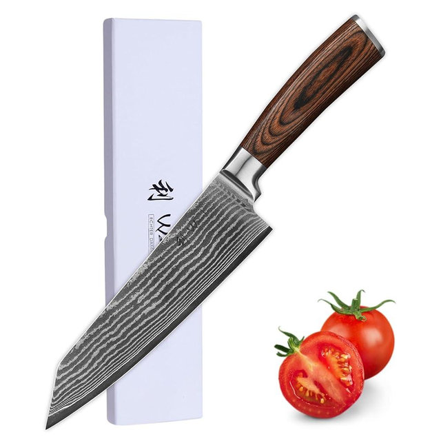 Wakoli Kiritsuke Knife, 8-inch Blade Damascus Chef Knife made from 67 Layers of Damascus Steel with VG10 Core, Sharp Kitchen Knives with Pakkawood Handle, Chefs Knife for All Tasks in Gift Box (EDIB)