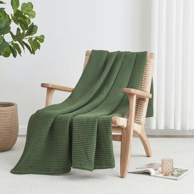 100% Cotton Green Blanket Full/Queen Size for Bed - Breathable and Soft, Waffle Weave for Summer Spring, 90x90 Inches (Forest Green)