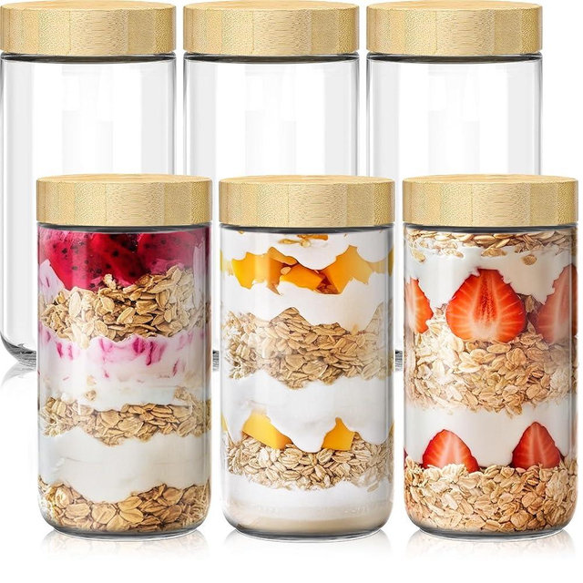 6 pack 24oz Overnight Oats Containers with Bamboo Lids, Glass Jars with Airtight Lids for Meal Prep, Wide Mouth Mason Salad Jars, Glass Food Storage Container for Yogurt Chia Snacks Spice Sugar