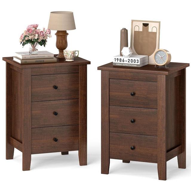 Giantex Nightstands Set of 2 with 3 Drawers, Wood Walnut Night Stand Bedside Table w/Storage Drawer & Round Metal Knobs, Vintage End Side Table for Dorm Bedroom Small Spaces, 14.5" D x 18" W x 26" H