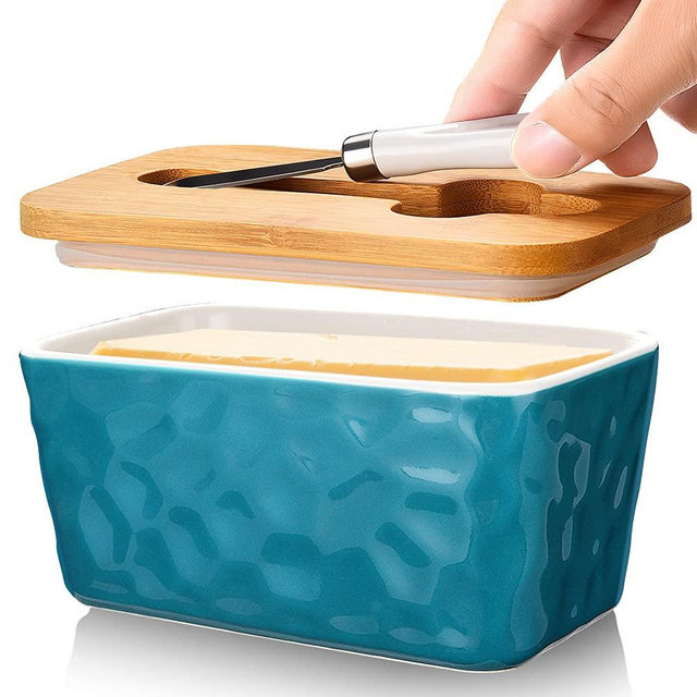 Large Butter Dish Porcelain Butter Dish with Lid and Knife for Countertop Double Silicone Seal Butter Dishes with Covers Perfect for West or East Coast Butter, Unique Stone Pattern Green