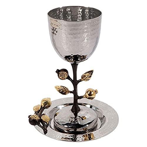 Golden Pomegranates Stainless Steel Kiddush Cup & Plate By Yair Emanuel