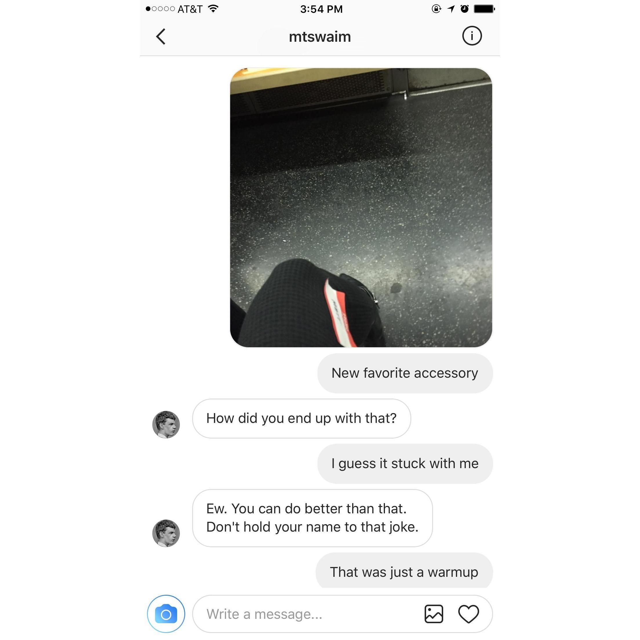 Our first exchange of messages after Matt's sticker found its way onto the train w/ Nat. "Just a warmup" --- he had no idea...