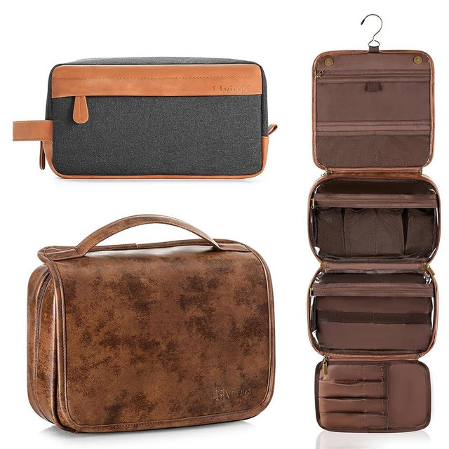 Elviros Hanging Travel Toiletry Bag Gift for Men，Mens Toiletries Bag Gifts Set Shaving Dopp Kit Water-resistant Bathroom Toiletries Organizer PU Leather Cosmetic Bags 2 Pack