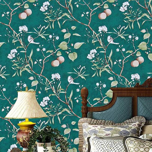 Green Floral Peel and Stick Wallpaper Modern Wallpaper, 17.7" x 78.7" Peach Tree Removable Wallpaper Peel and Stick Flower Bird Waterproof Natural Self Adhesive Wall Paper Vinyl Film Wall Covering