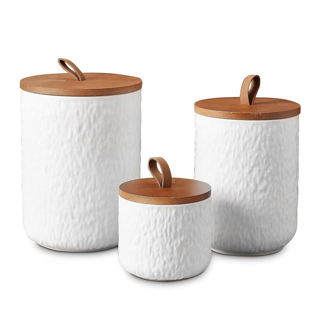 JOJUNO White Ceramic Canister Set with Wooden Lid, 3-Piece Airtight Food Storage Jars for Kitchen Counter - Flour, Sugar, Coffee, Tea, Spice - Small, Medium, Large Sizes - Stone Texture