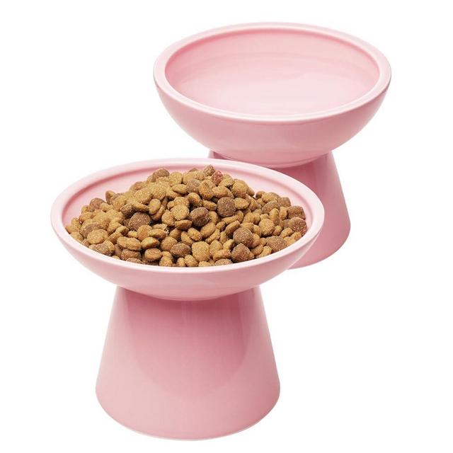 CEEFU 2 Extra Wide Elevated Cat Food Bowl, Ceramic Cat Bowls for Food and Water, Wide Shallow Cat Food Dish, Whisker Fatigue, Lead & Cadmium Free, Great Height for Cat, Pink