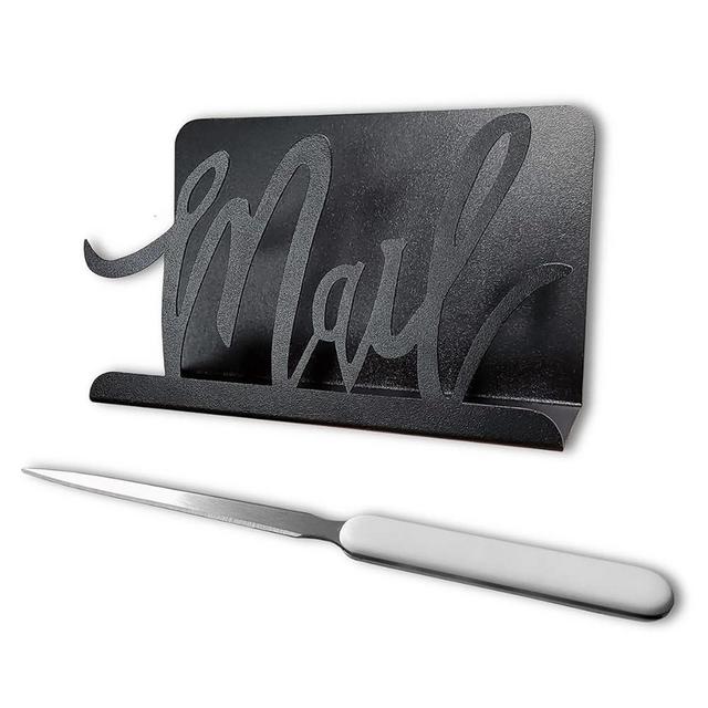 Acopelo Black Metal Mail Holder, Countertop Letter Organizer with Letter Opener, Office Desktop Envelope Rack, Tabletop Document Stand (Art)