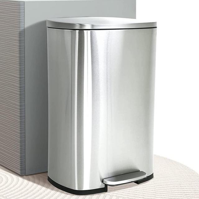 Kitchen Trash Can 13 Gallon Trash Can with Lid, Foot Pedal, Inner Bucket Step Garbage Can, Fingerprint-Proof Stainless Steel Trash Can, Quiet-Close Lid, 50 Liter / 13 Gallon Dog Proof Trash Can