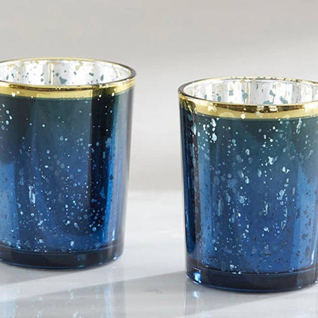 Blue Wedding Candles - Set of 4 - Glass Tealight Candle Holders - Midnight Dark Navy Blue - Starry Night Sky Theme Party Reception - MW35478