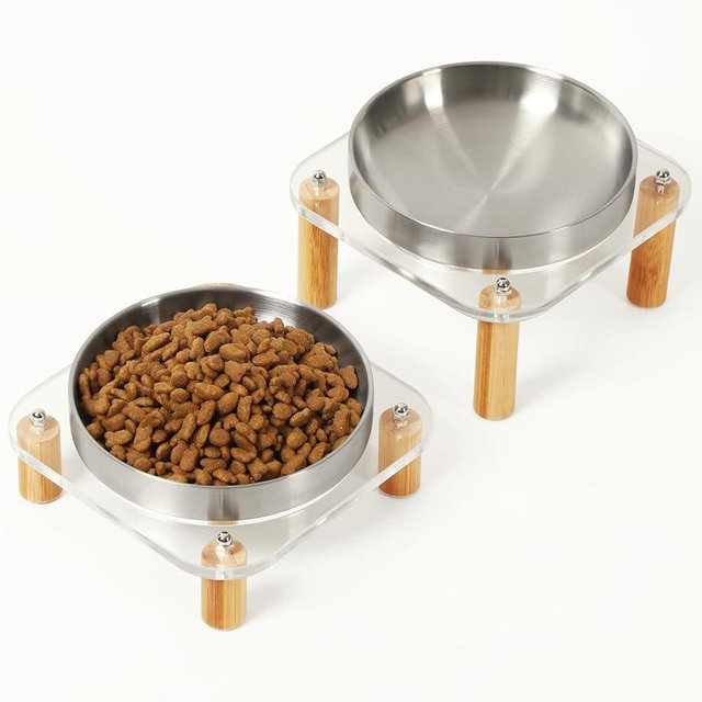 DoogCat Elevated Cat Bowls for Indoor Cats – Raised Acrylic Cat Bowl Stand with 5.5 Inch Wide Stainless Steel Dishes, Pet Food Table Plate for Easy Feeding, Whisker Friendly(Silver,Set of 2)