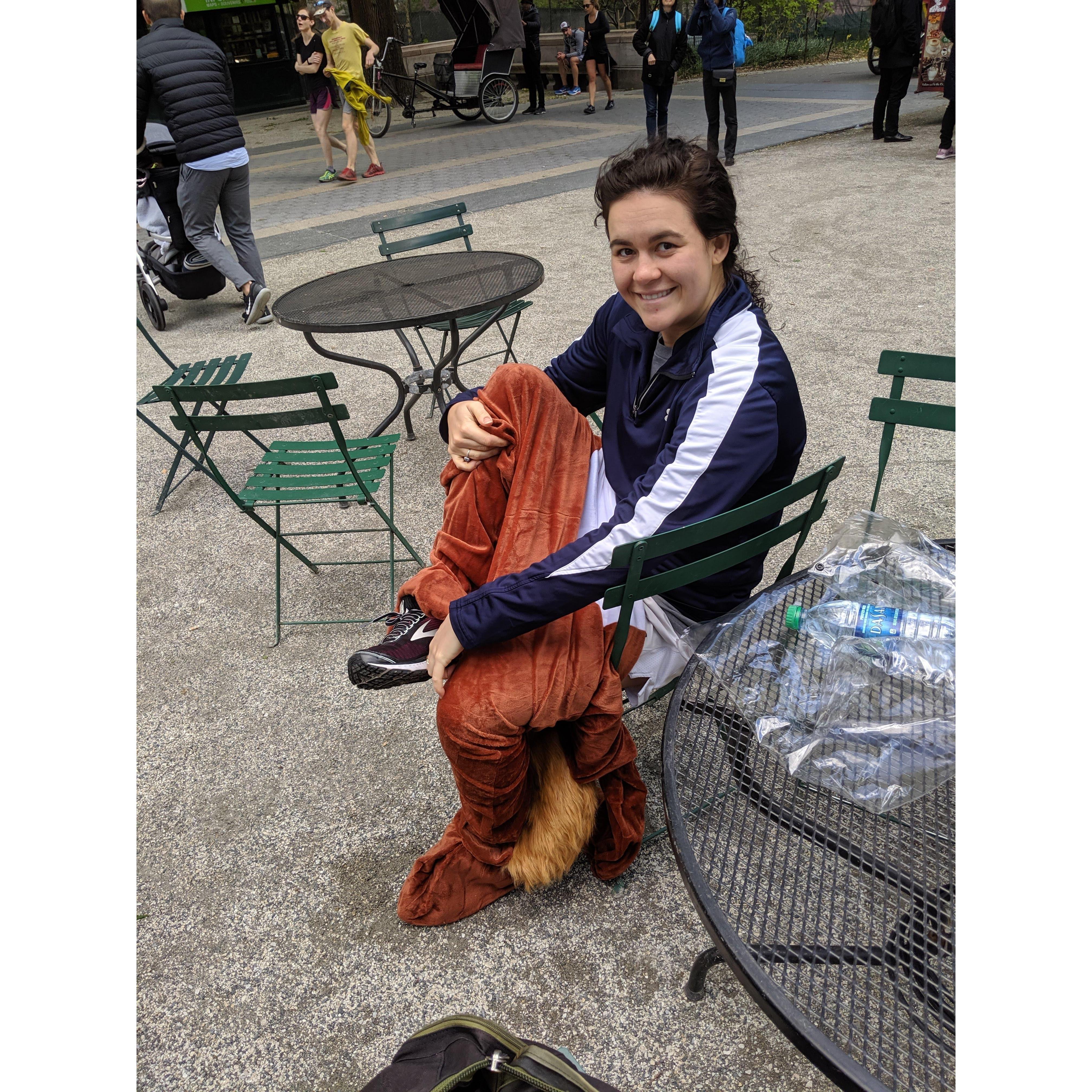 Kathryn lost our friend group's fantasy football league and had to run a 5K in a squirrel costume. Where? Central Park, of course!