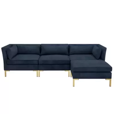 Doyer 3-Piece Closed End Velvet Sectional Sofa with Ottoman in Blue