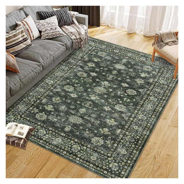 Area Rug 8x10 Washable Rug Vintage Traditional Mat Distressed Foldable Retro Accent Floral Non Slip Carpet Living Room Dining Room Office, Green