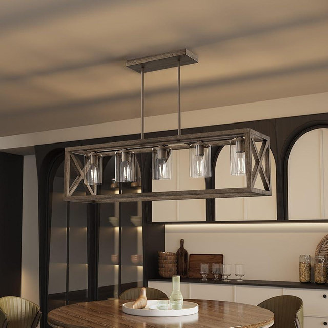 Espird Upgraded Burlywood Dining Room Light Fixture - 5 Light Rectangle Light Fixtures with Clear Glass Shade& Adjustable Height& Thickened Metal Dining Table Lights Fixture Chandeliers for DiningRoom