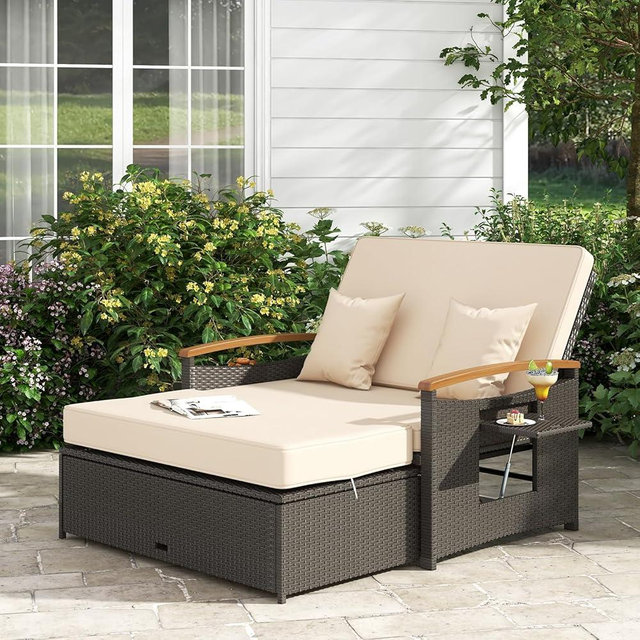 COSTWAY Patio Rattan Daybed, Outdoor Loveseat Sofa with Storage Ottoman, 4-Level Adjustable Backrest & Acacia Wood Armrest, Outdoor Wicker Daybed with Side Panels for Yard, Deck, Poolside (Beige)