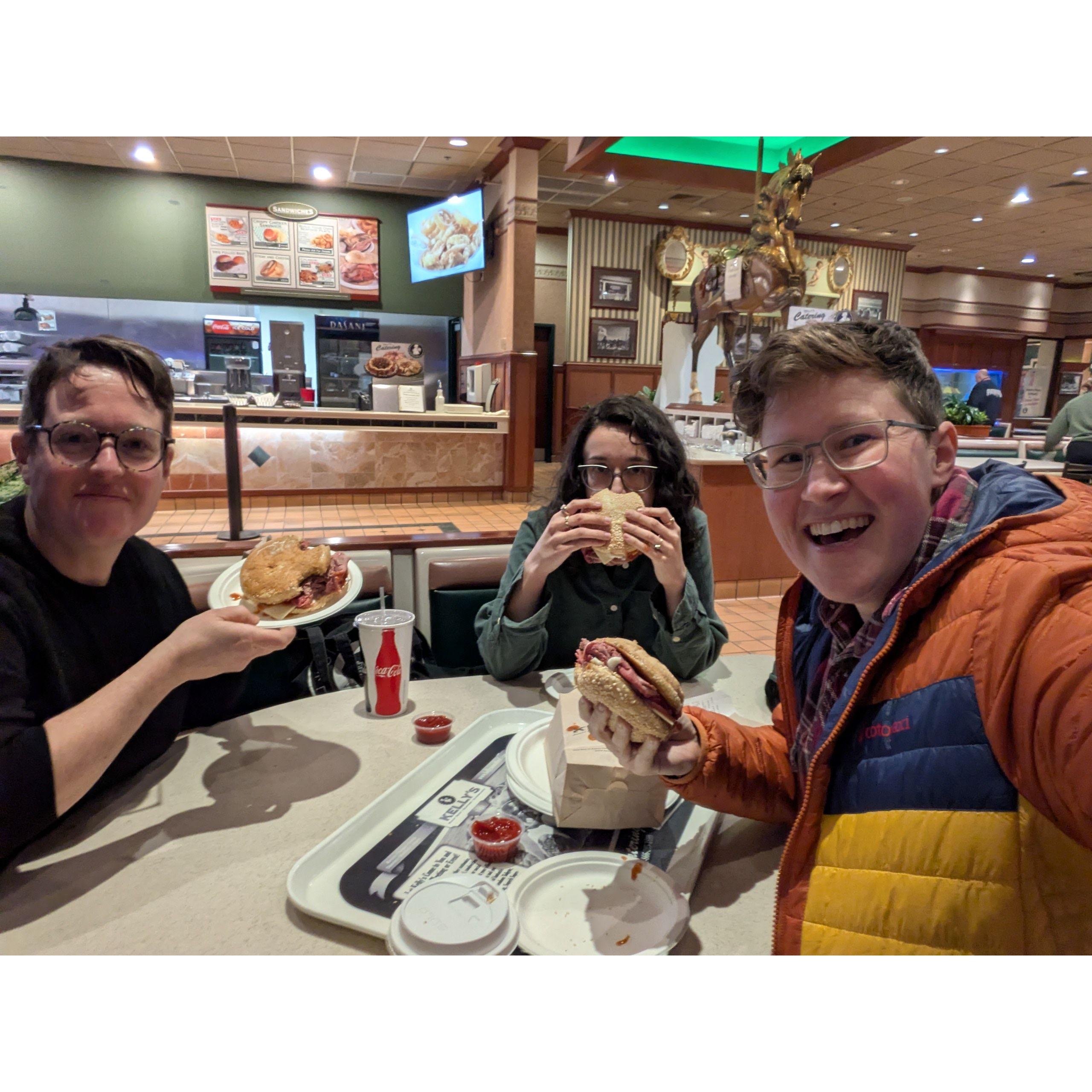 The look of three people who have signed away their fate to the north side of the river: Kelly's Roast Beef to celebrate our house purchase!