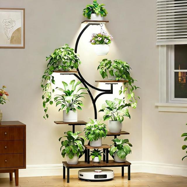 Plant Stand Indoor with Grow Lights - 7-Tier Indoor Plant Shelf with Elevated Base & Hanging Hook, 63" Corner Plants Stands for Multiple Plant Sizes, Multi-Tiered Lighted Rack for Living Room, Black