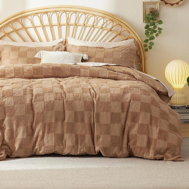 Bedsure Boho Duvet Cover - Boho Bedding Duvet Cover Set for All Seasons, Shabby Chic Jacquard Duvet Cover (Khaki,Checkered,King Size,104"x90")