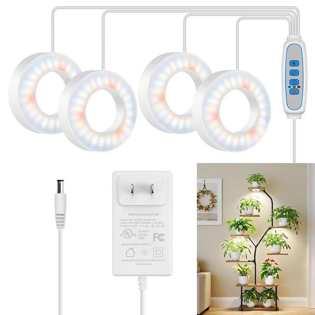 Kullsinss Small Grow Lights for Indoor Plants, 192 LEDs Full Spectrum Plant Grow Light with DC Adapter, 6/12/16H Timer, 3 Color Modes, 5 Brightness Levels, 3.5" Growing Lamp for Small Plants (4-Head)