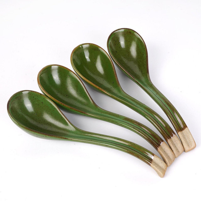 Asian Soup Spoon,Ceramic Ramen Spoon,6.6inch Japanese Pho Spoon with Long Handle for Miso,Dumpling,Noodles,Wonton,Green Spoon,Christmas Gift