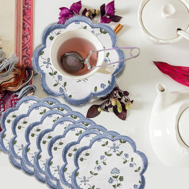 Ridhi Hand Block Print 8- pcs Canvas Cotton Drink Absorbent Stylish Embroidery Scallop Coaster Set Boho Modern Home Decor and Wooden Table Protection 5 inch Powder Blue