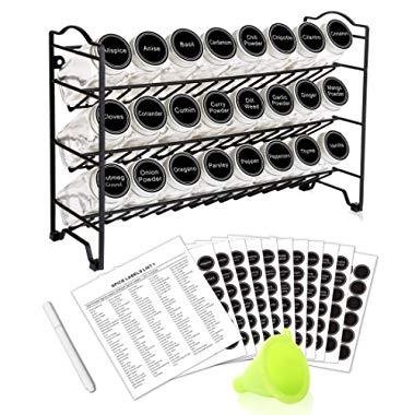 SWOMMOLY Spice Rack with 24 Empty Square Spice Jars, 396 Spice Labels with Chalk Marker and Funnel Complete Set, for Countertop, Cabinet or Wall Mount