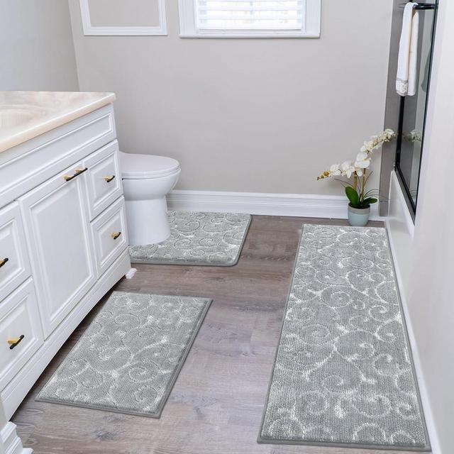 HEBE Bathroom Rug Sets 3 Piece Non Slip Bathroom Shower Rugs with U-Shaped Contour Toilet Mat Absorbent Microfiber Bath Mats for Bathroom Bath Rugs Washable Shaggy Bathroom Floor Carpet