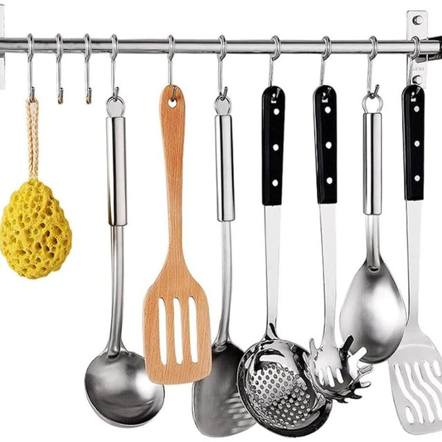 Petilleur Kitchen Sliding Hooks, Stainless Steel Hanging Rack Rail Organize Kitchen Utensil Removable S Hook for Towel, Spoon, Coats, Bathrobe, BBQ,Wall Mounted Hanger (10 Hooks 23.6In)