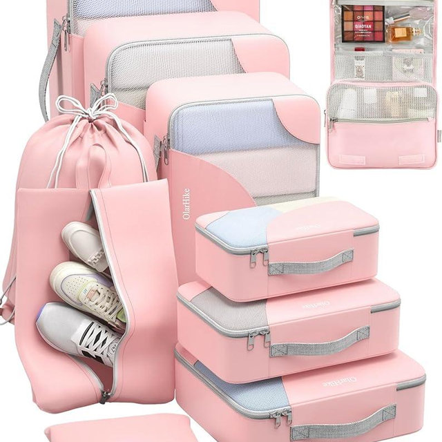ALL INCLUDED 10 Set Durable Packing Cubes for Suitcases,OlarHike Essentials for Travel, UPGRADED Anti-Tear Stitching, NEW Improved Luggage Packing Organizers for Travel Accessories (Pink)