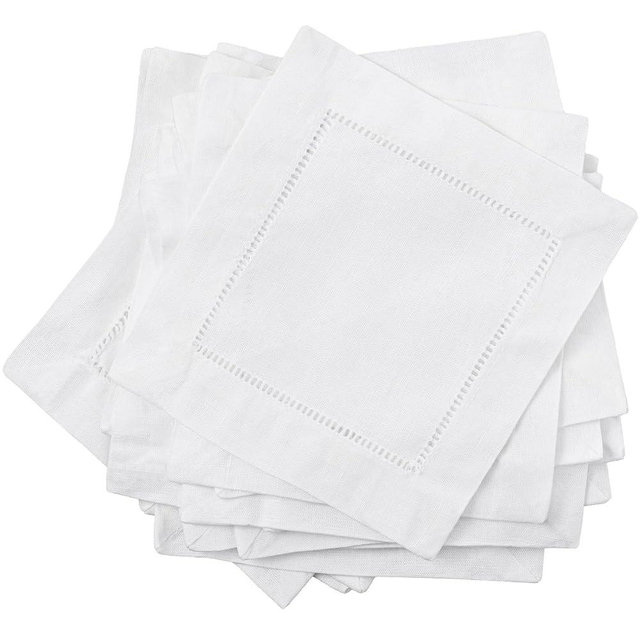 Moukeren 24 Pcs Linen Cocktail Napkins 6 x 6 Inch - Washable Hemstitch Cloth Napkins, Natural Linen Beverage Cloth for Wedding, Bar, Birthday Party & Daily Use (White)