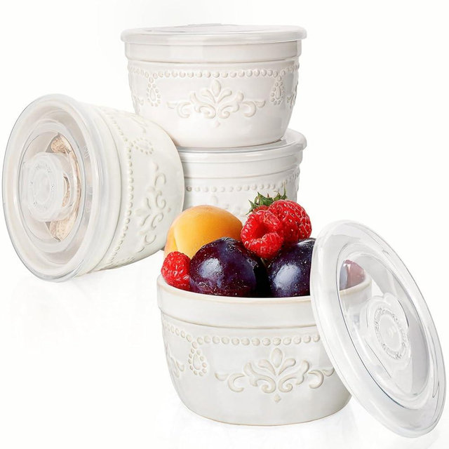 Artena Ramekins with Lids, Creme Brulee Ramekins Oven Safe, Pudding Cups, Souffle Cups, Custard Cups, Ceramic Ramiken, Dipping Sauce Cups, Food Storage Containers with Lids, Set of 4 (Damask Floral, 8 oz)