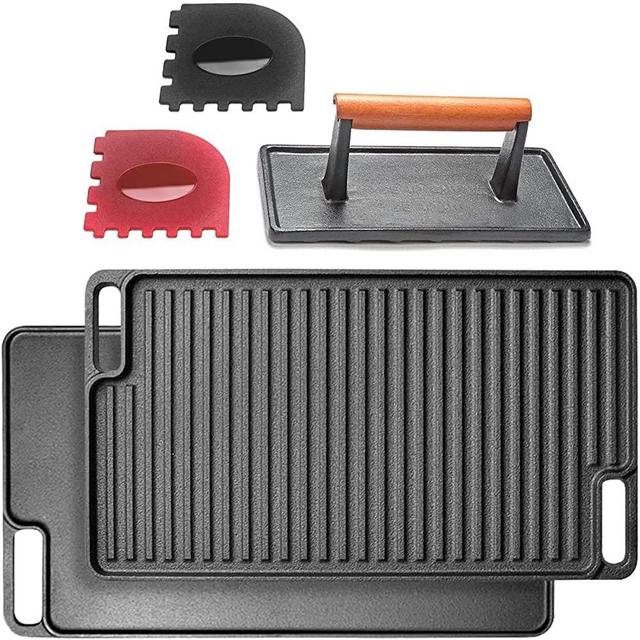 Cast Iron Flat Top Griddle Set and Griddle Accessories | Includes Reversible Cast Iron Griddle, Stove Top Griddle Press and Grill Pan Scrapers, Grill Plate measure 17 x 9 inch, Black