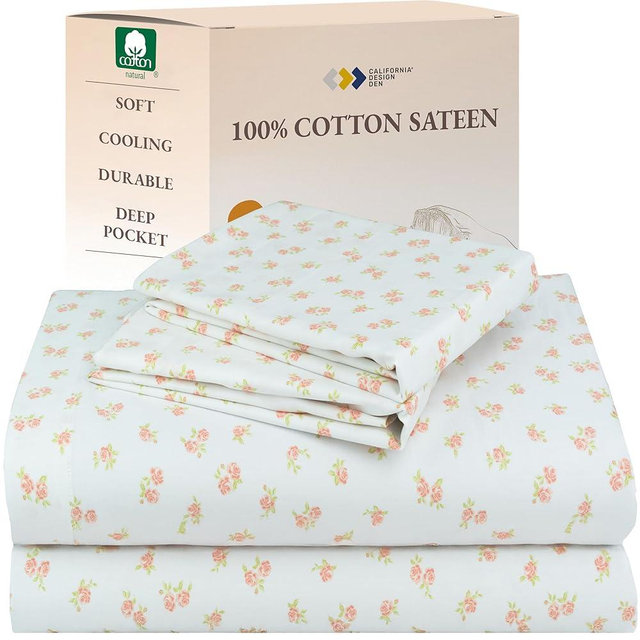 California Design Den King Floral Sheet Set, 100% Cotton Sateen Sheets, King Size Sheets Set, Deep Pockets & Pillowcase Set - Chic Floral