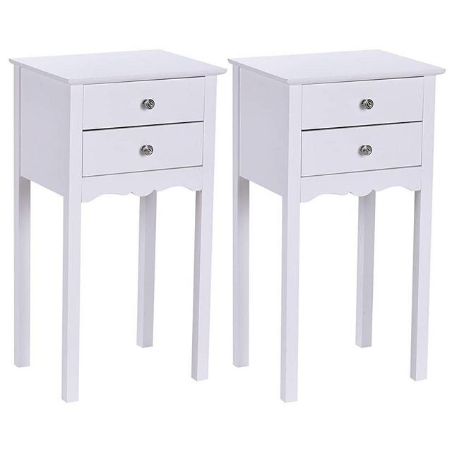 Giantex 2 Pcs End Table w/ 2 Drawers Side Table Nightstand Multi-Purpose Accent Table Living Room Bedroom Home Furniture (2, White)