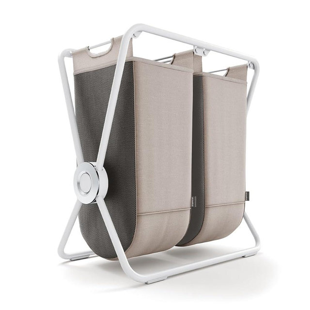 simplehuman double x-frame laundry hamper, 100% recycled polyester removable laundry baskets with easy carry handles, heavy-gauge steel frame, white, 50L + 50L