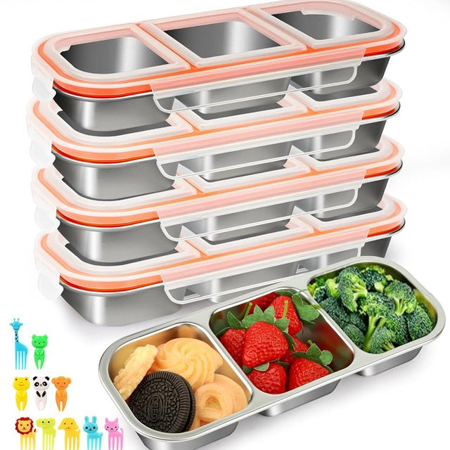 JUJOJB 4 Pack Stainless Steel Snack Containers With Lids,Leak Proof Metal Bento Lunch Box with 3 Compartments,Reusable Lunch Meal Prep Containers for office,Work,Travel,Stackable lunchable Snack Box