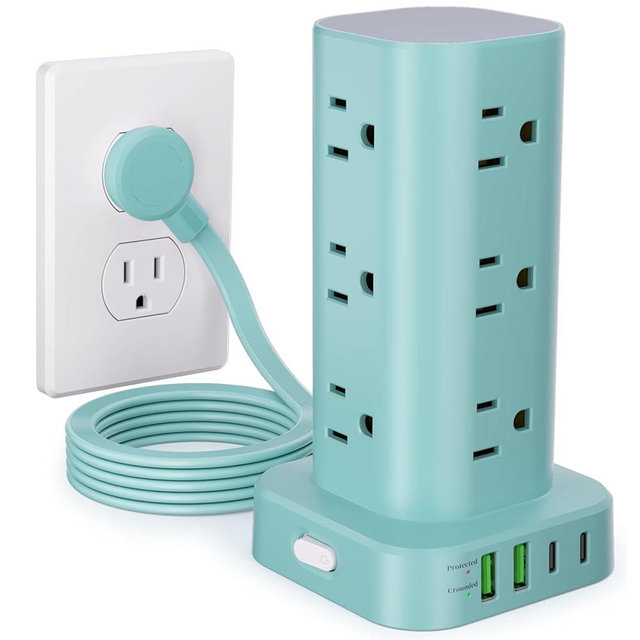 Power Strip Tower with Multiple Outlets, Flat Plug Surge Protector Tower Extension Cord with 12 AC Outlets 4 USB Ports (2 USB C), 6FT Cord Power Tower Surge Protector for Home Office Dorm Room, Blue
