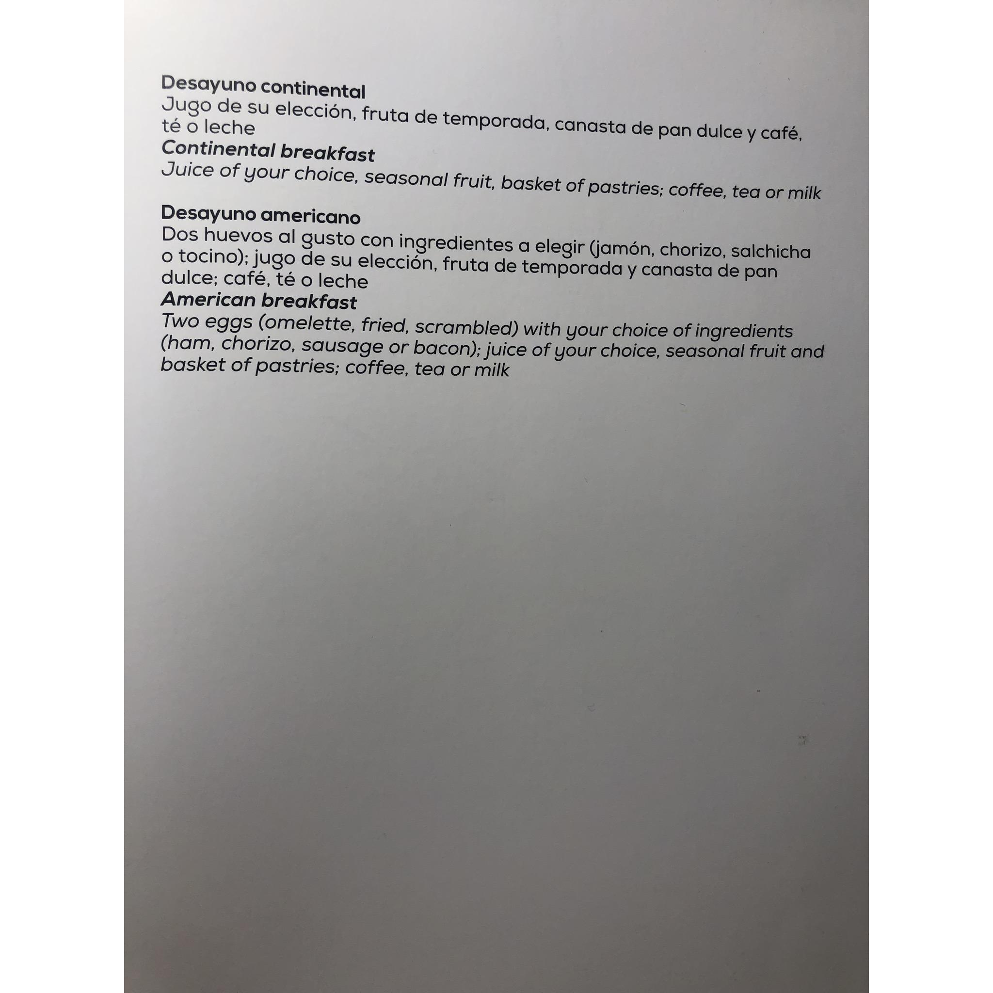 Breakfast room service menu