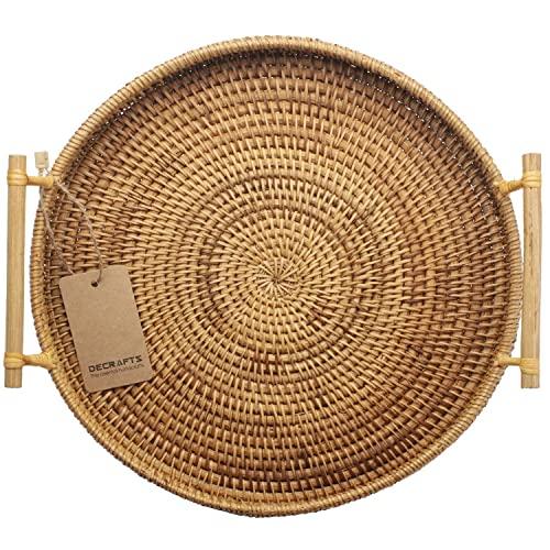 DECRAFTS Round Rattan Bread Basket Woven Serving Tray with Handles for Cracker Dinner Parties Coffee Breakfast (12.6 inches)