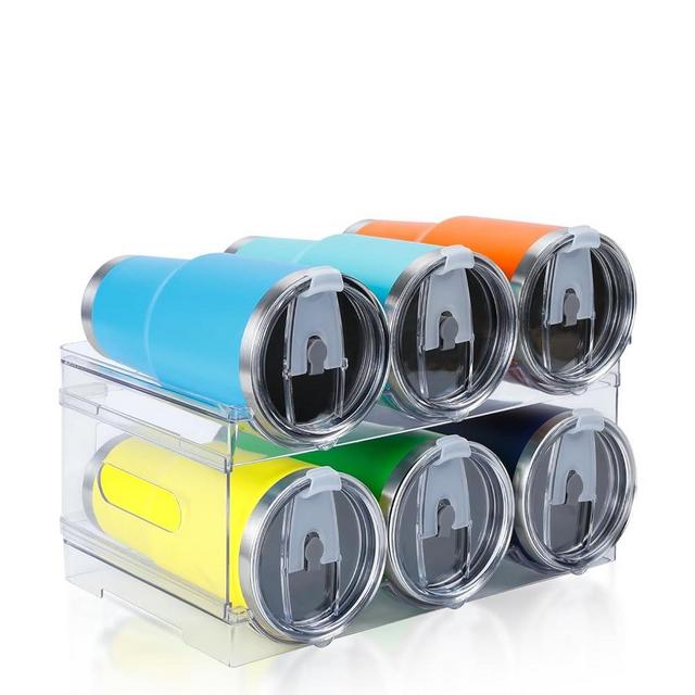 Damomo Large Compartment Water Bottle Organizer for Cabinet, 2 Pack Stackable Water Bottle Organizer, Clear Water Bottle Holder for Tumbler Travel Mug Cup, Kitchen Pantry Organization and Storage