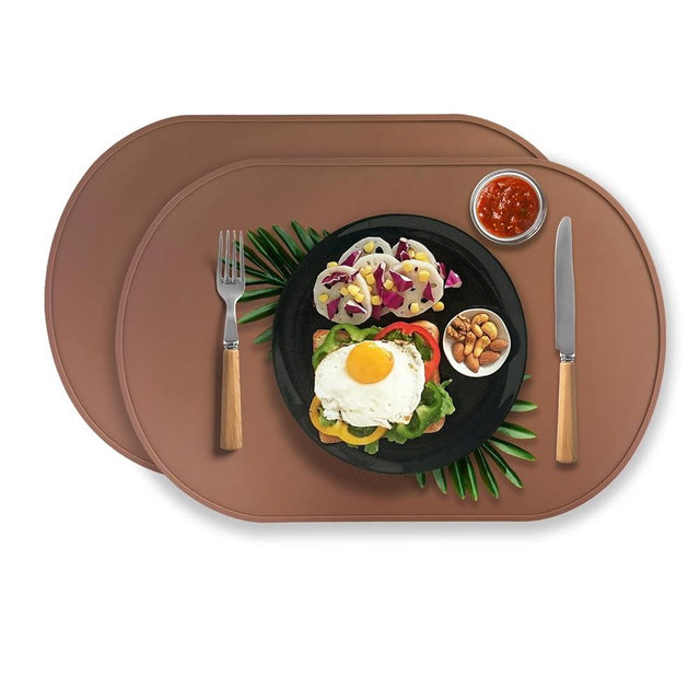 Silicone Placemats, Set of 2 Food-Grade Oval Non-Slip Waterproof with Hight Edge Placemat, Heat Ressistant, Stain Resistant, Countertop Protector, Kitchen Counter Mat, Silicone Baking Mat, Caramel