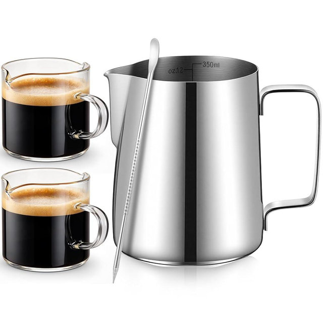 Acellegic 4 Pcs Espresso Accessories Kit with 4 oz Glass Espresso Shot Cup with Handle, 12 oz Milk Frothing Pitcher and Latte Art Pen Stainless Steel Cappuccino Machine Accessories for Coffee Bar