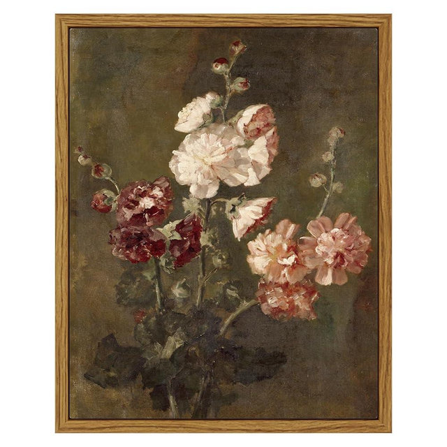 ARPEOTCY Framed Vintage Wall Art, Moody Floral Hollyhocks Bathroom Vintage Decor, Canvas Prints, French Country Farmhouse Decor, Home Dark Academia Wall Art, 8x10 Inch