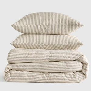 Willowleaf/White Stripe, Full/Queen - European Linen Stripe Duvet Cover Set