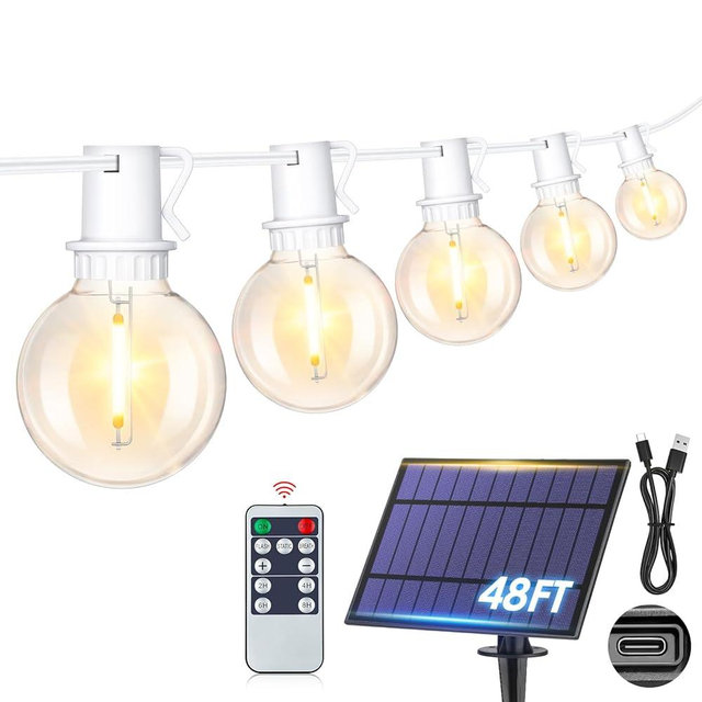 Mlambert 48Ft Solar String Lights, Outdoor Waterproof Patio Lights with 18 Shatterproof G40 Bulbs(1 Spare), Led Light for Backyard-White Wire