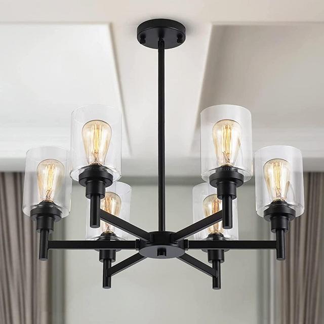 Farmhouse Chandelier with Cylinder Clear Glass 6 Light Vintage Black Bedroom Kitchen Island Pendant Ceiling Lighting Industrial Metal Hanging Fixture for Dining Room Living Room